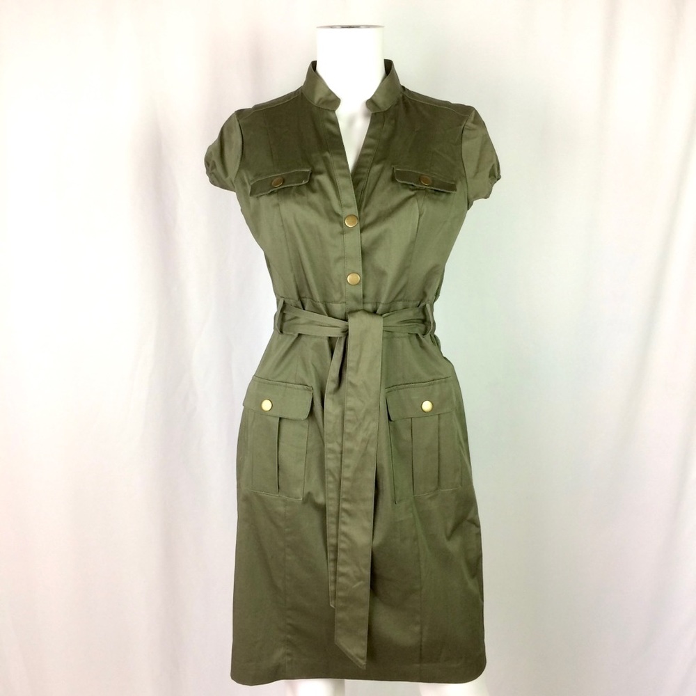 NWT H&M ARMY CAMO OLIVE GREEN SNAP FRONT MIDI DRESS